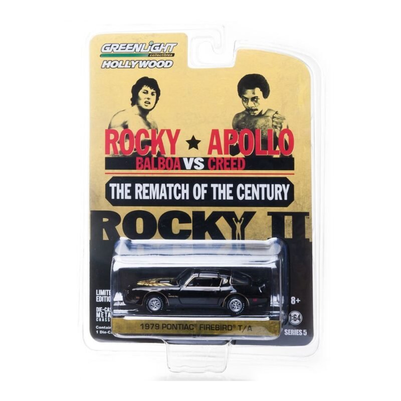 Miniatura coche Pontiac Firebird Trans Am 1979 negro película Rocky 2 a escala 1/64 en embalaje blister sellado Greenlight