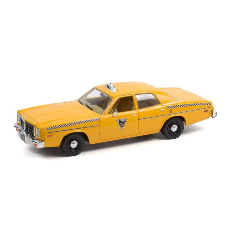 Miniatura coche Dodge Monaco - City Cab Co amarillo película Rocky 3 a escala 1/18 Greenlight