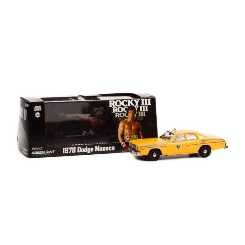 Miniatura coche Dodge Monaco - City Cab Co amarillo película Rocky 3 a escala 1/43 Greenlight