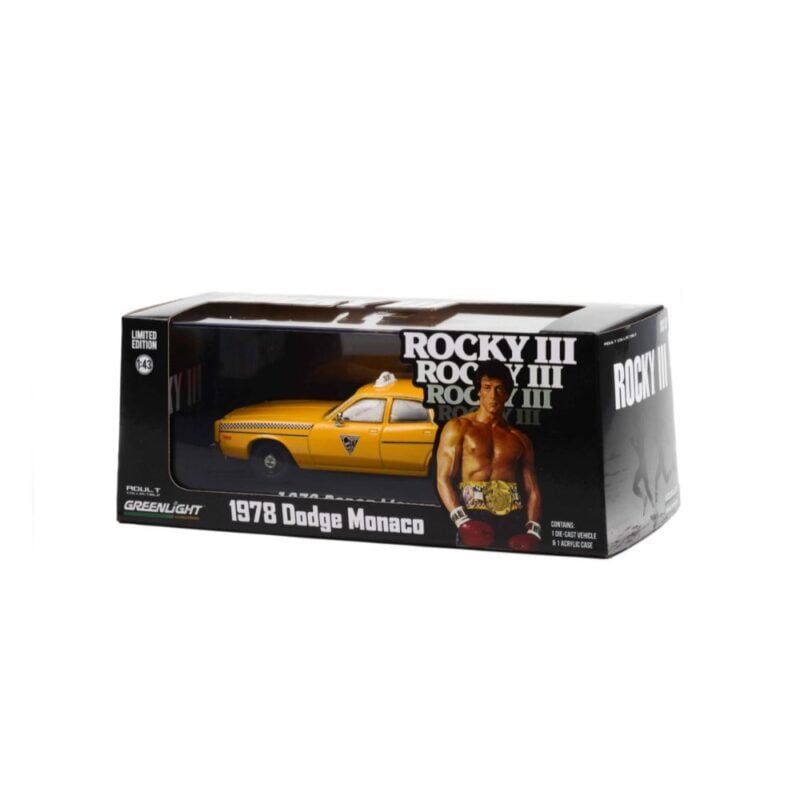 Miniatura coche Dodge Monaco - City Cab Co amarillo película Rocky 3 a escala 1/43 Greenlight