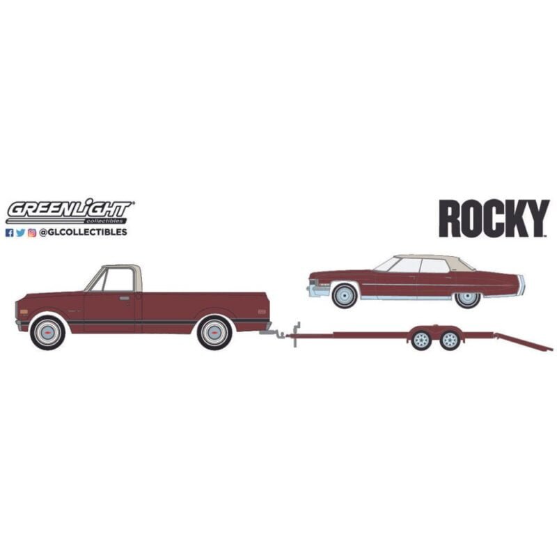 Ilustración camioneta Chevrolet C-10 roja con remolque y coche Cadillac Sedan deVille 1973 rojo película Rocky Greenlight