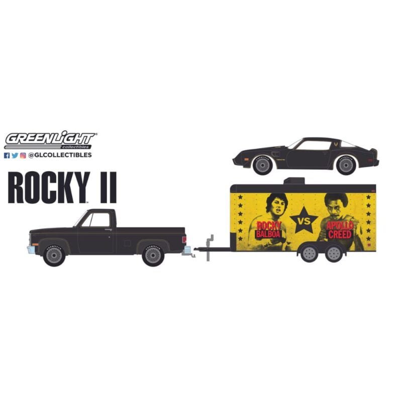 Ilustración camioneta Chevrolet C-10 negra con remolque y coche Pontiac Firebird Trans Am 1979 negro película Rocky 2 Greenlight