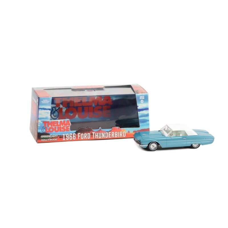 Coche miniatura Ford Thunderbird 1966 verde menta con la capota cerrada de la película Thelma & Louise a escala 1/43 en embalaje de urna con soporte Greenlight