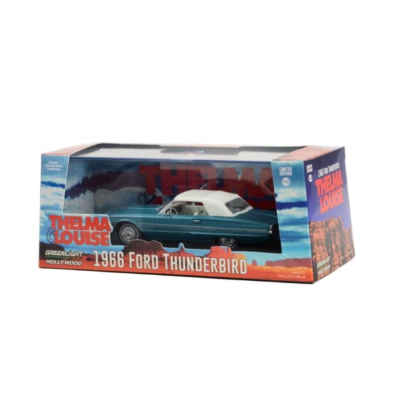 Coche miniatura Ford Thunderbird 1966 verde menta con la capota cerrada de la película Thelma & Louise a escala 1/43 en embalaje de urna con soporte Greenlight