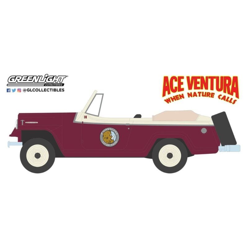 Ilustración coche todoterreno descapotable beige y granate Jeep Comando Convertible 1967 de la película Ace Ventura: Operación África Greenlight