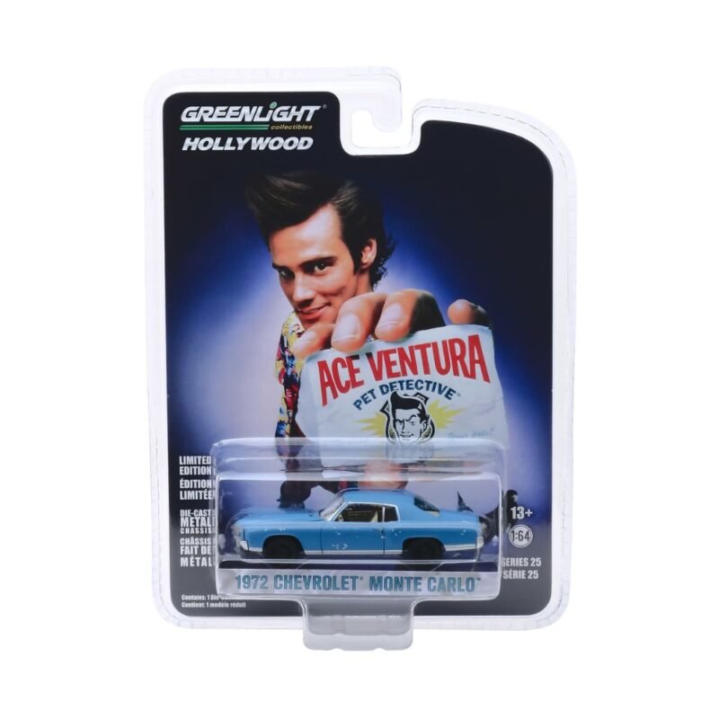 Miniatura coche azul Chevrolet Montecarlo 1972 de la película Ace Ventura: Detective de mascotas a escala 1/64 Greenlight en blister sellado