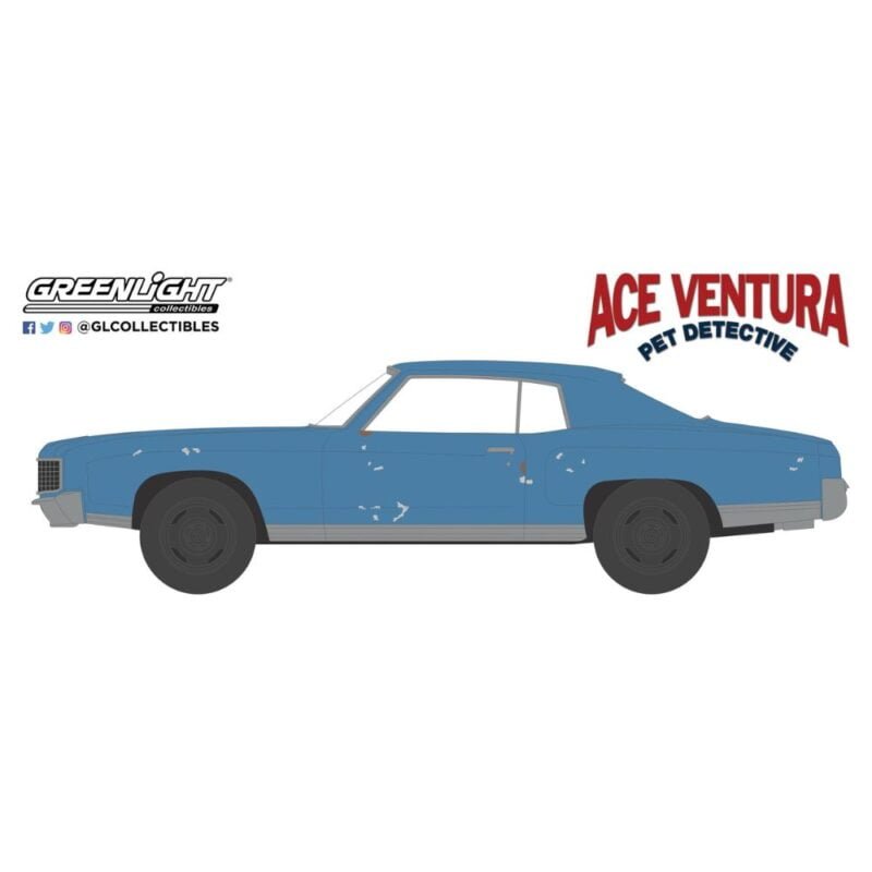 Ilustración coche azul Chevrolet Montecarlo 1972 de la película Ace Ventura: Detective de mascotas Greenlight