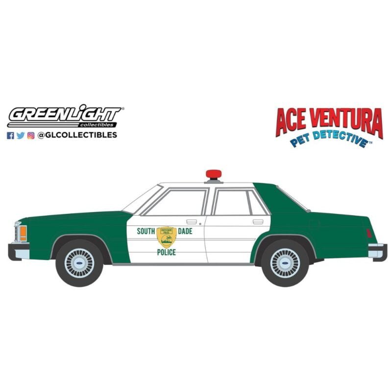 Ilustración coche policía blanco y verde Ford LTD Crown Victoria 1983 Miami Police de la película Ace Ventura: Detective de mascotas Greenlight