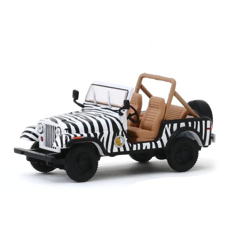 Miniatura coche todoterreno blanco con rayas de cebra Jeep CJ-7 1976 de la película Ace Ventura: Operación África a escala 1/43 Greenlight