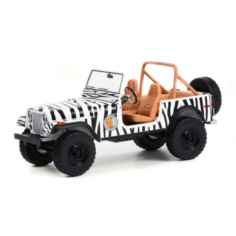 Miniatura coche todoterreno blanco con rayas de cebra Jeep CJ-7 1976 de la película Ace Ventura: Operación África a escala 1/18 Greenlight