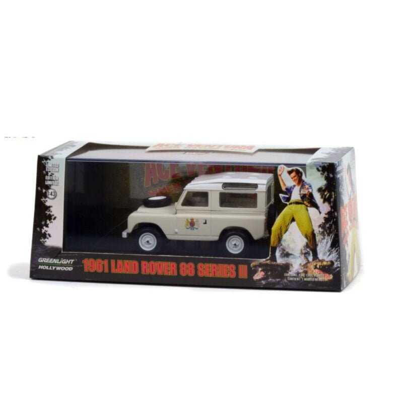 Miniatura coche todoterreno beige Land Rover 88 Series II de la película Ace Ventura: Operación África a escala 1/43 Greenlight con urna transparente