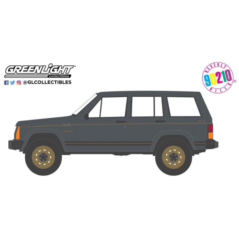 Ilustración coche todoterreno gris Jeep Cherokee Limited 1988 de la serie Beverly Hills 90210 Greenlight