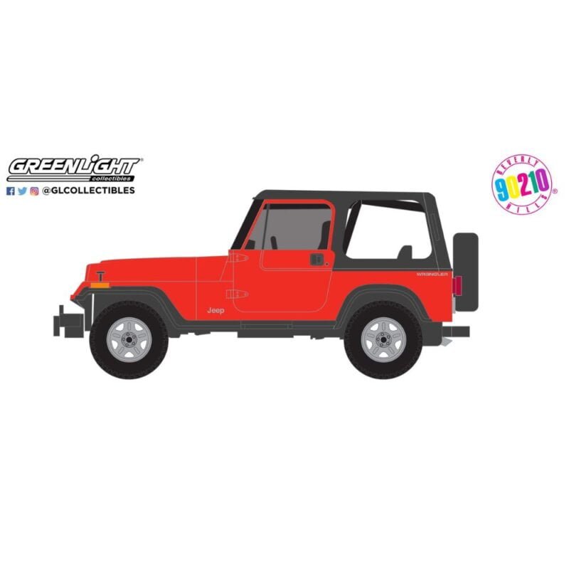 Ilustración coche todoterreno rojo Jeep Wrangler 1994 de la serie Beverly Hills 90210