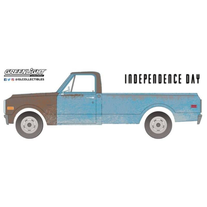 Ilustración camioneta desgastada azul y marrón Chevrolet C-10 1971 de la película Independence Day Greenlight