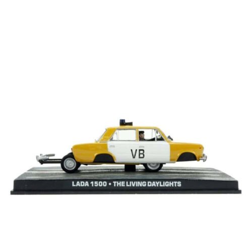 Miniatura coche blanco y amarillo policía checoslovaca Lada 1500 (1980) de la película de James Bond 007 Alta tensión a escala 1/43 Fabbri