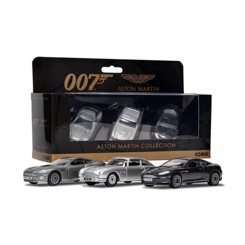 Miniaturas colección Aston Martin James Bond 007 con coches Aston Martin V12 Vanquish de la película Muere otro día, Aston Martin DB5 de Goldfinger y Aston Martin DBS de Casino Royale con caja de cartón expositora Corgi