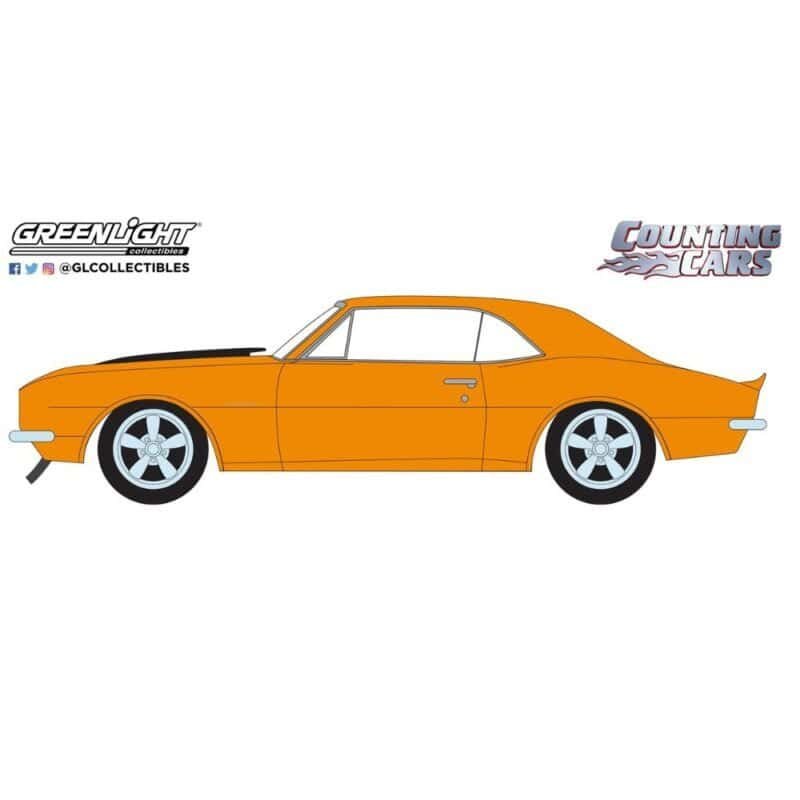 Ilustración coche naranja con rayas negras Chevrolet Camaro RS 1967 de la serie Locos por los coches Ep. 3.15 Greenlight