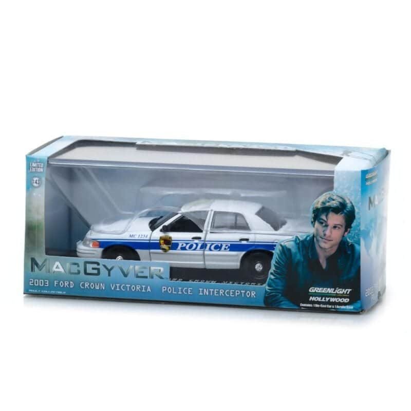 Miniatura coche de policía blanco Ford Crown Victoria Police Interceptor de la serie MacGyver a escala 1/43 Greenlight con urna transparente