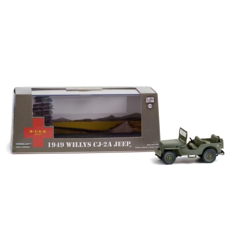 Miniatura coche todoterreno ejército verde militar Jeep Willys CJ2A 1949 de la serie MASH a escala 1/43 Greenlight con urna transparente