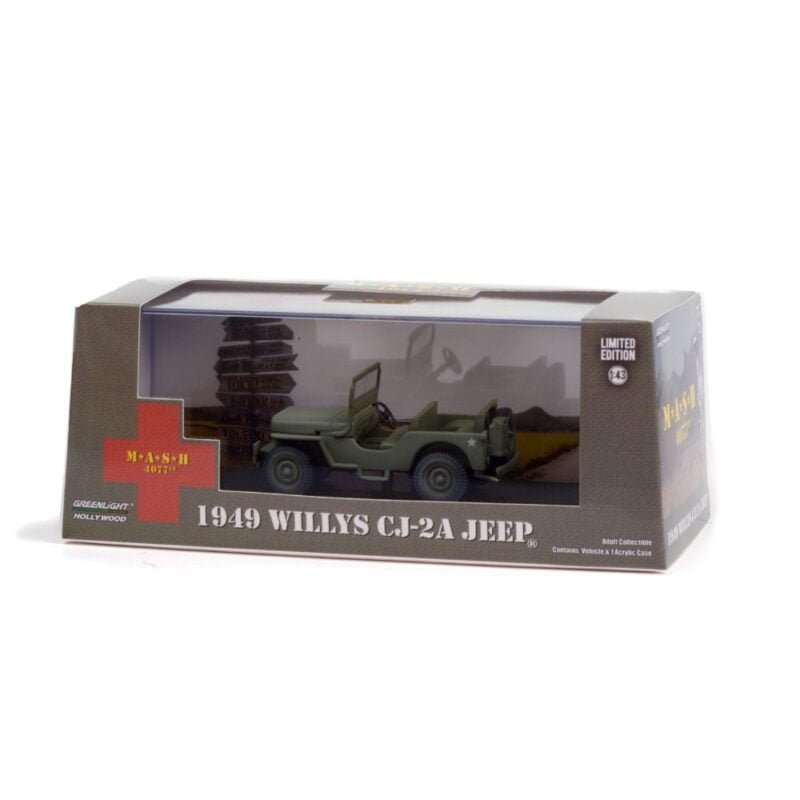 Miniatura coche todoterreno ejército verde militar Jeep Willys CJ2A 1949 de la serie MASH a escala 1/43 Greenlight con urna transparente