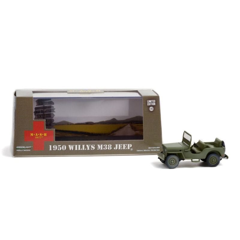 Miniatura coche todoterreno ejército verde militar Jeep Willys M38 1950 de la serie MASH a escala 1/43 Greenlight con urna transparente