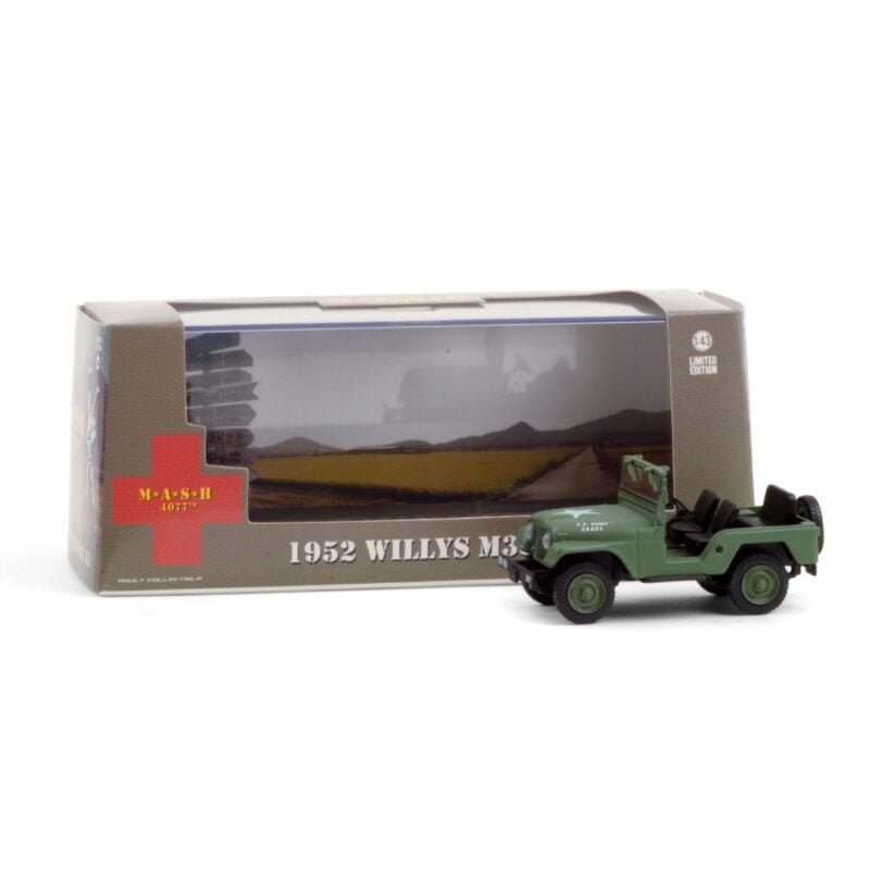 Miniatura coche todoterreno ejército verde militar Jeep Willys M38 A1 1952 de la serie MASH a escala 1/43 Greenlight con urna transparente