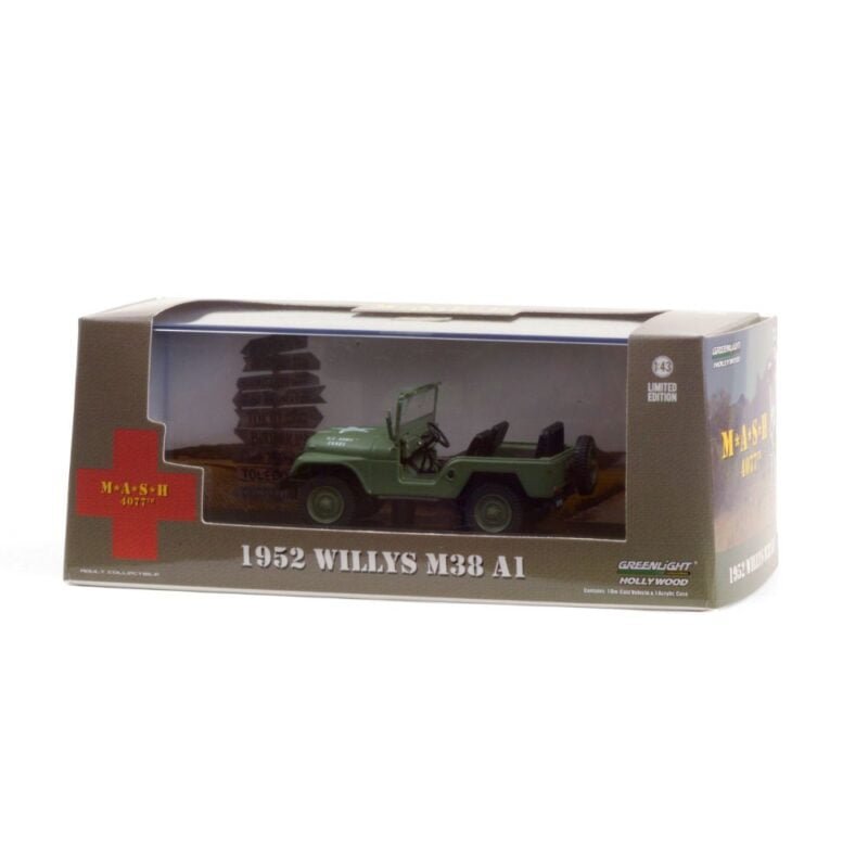 Miniatura coche todoterreno ejército verde militar Jeep Willys M38 A1 1952 de la serie MASH a escala 1/43 Greenlight con urna transparente