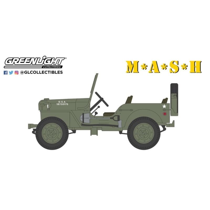 Ilustración coche todoterreno ejército verde militar Jeep Willys MB 1942 de la serie MASH Greenlight