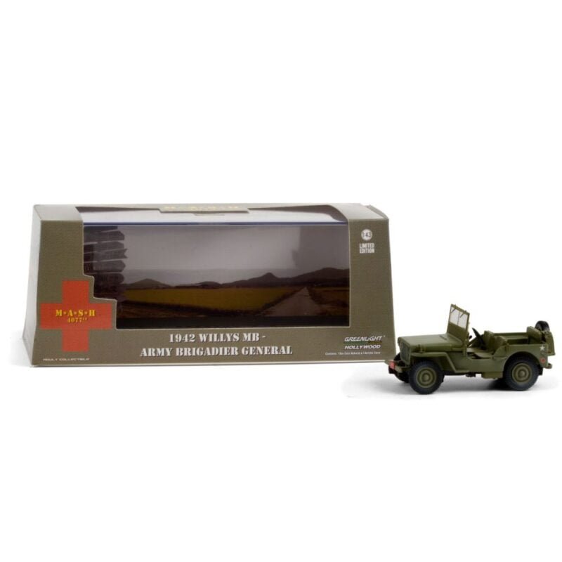 Miniatura coche todoterreno ejército verde militar Jeep Willys MB Brigadier General 1942 de la serie MASH a escala 1/43 Greenlight con urna transparente