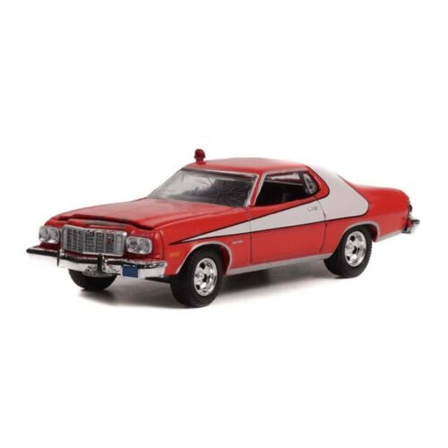 Miniatura coche Ford Gran Torino 1976 rojo con raya blanca accidentado de la serie Starsky & Hutch a escala 1/64 Greenlight