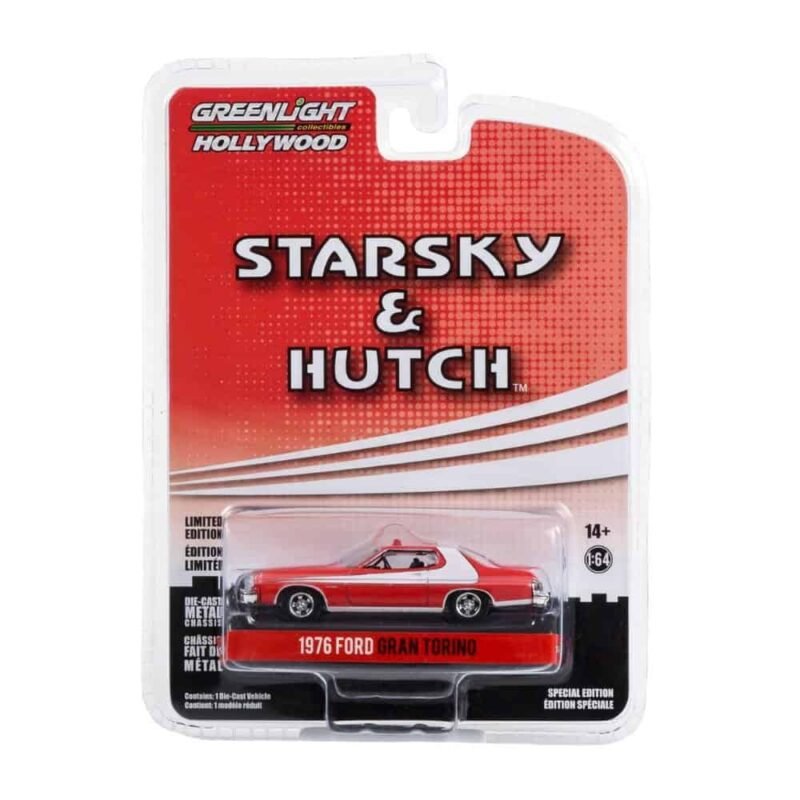 Miniatura coche Ford Gran Torino 1976 rojo con raya blanca accidentado de la serie Starsky & Hutch a escala 1/64 Greenlight