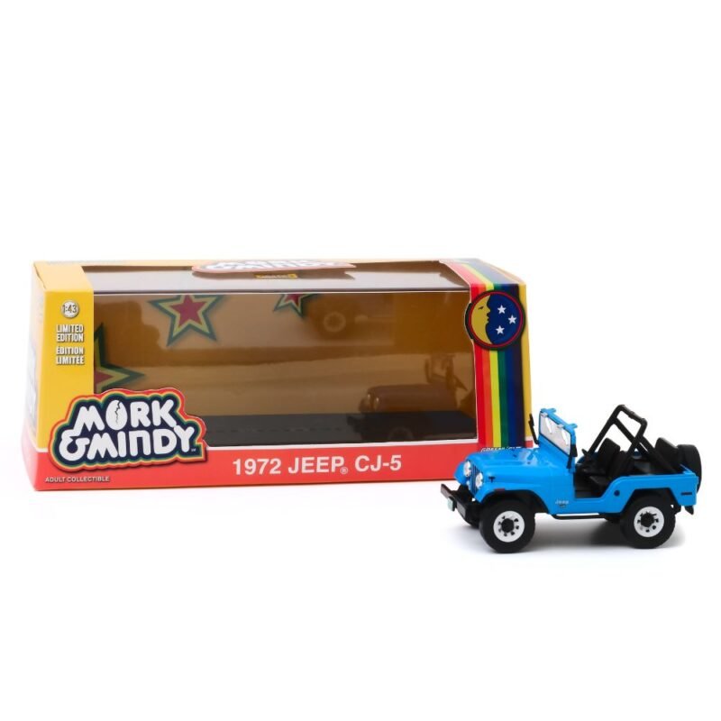 Miniatura coche Jeep CJ-5 1972 azul de la serie Mork & Mindy a escala 1/43 Greenlight con caja de cartón expositora