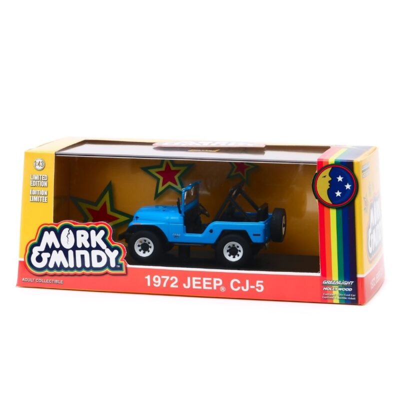 Miniatura coche Jeep CJ-5 1972 azul de la serie Mork & Mindy a escala 1/43 Greenlight con caja de cartón expositora