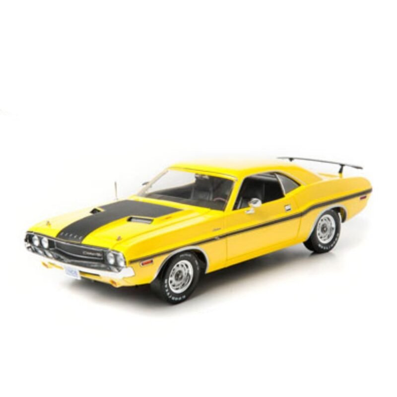 Miniatura coche Dodge Challenger 1970 amarillo con raya negra de la serie NCIS a escala 1/18 Greenlight