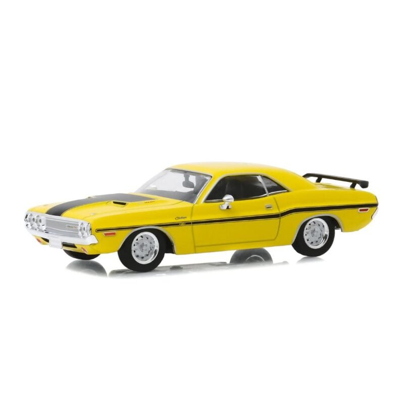 Miniatura coche Dodge Challenger 1970 amarillo con raya negra de la serie NCIS a escala 1/43 Greenlight