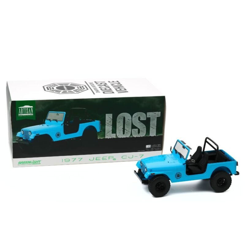 Miniatura coche todoterreno Jeep CJ-7 1977 azul de la serie Lost a escala 1/18 Greenlight con caja de cartón