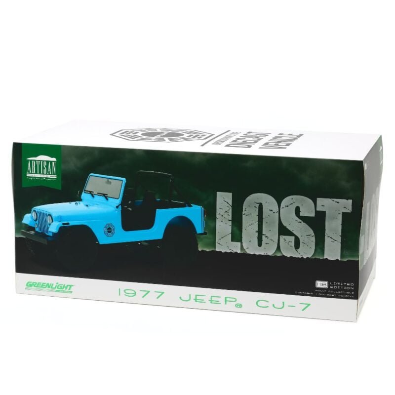 Miniatura coche todoterreno Jeep CJ-7 1977 azul de la serie Lost a escala 1/18 Greenlight con caja de cartón