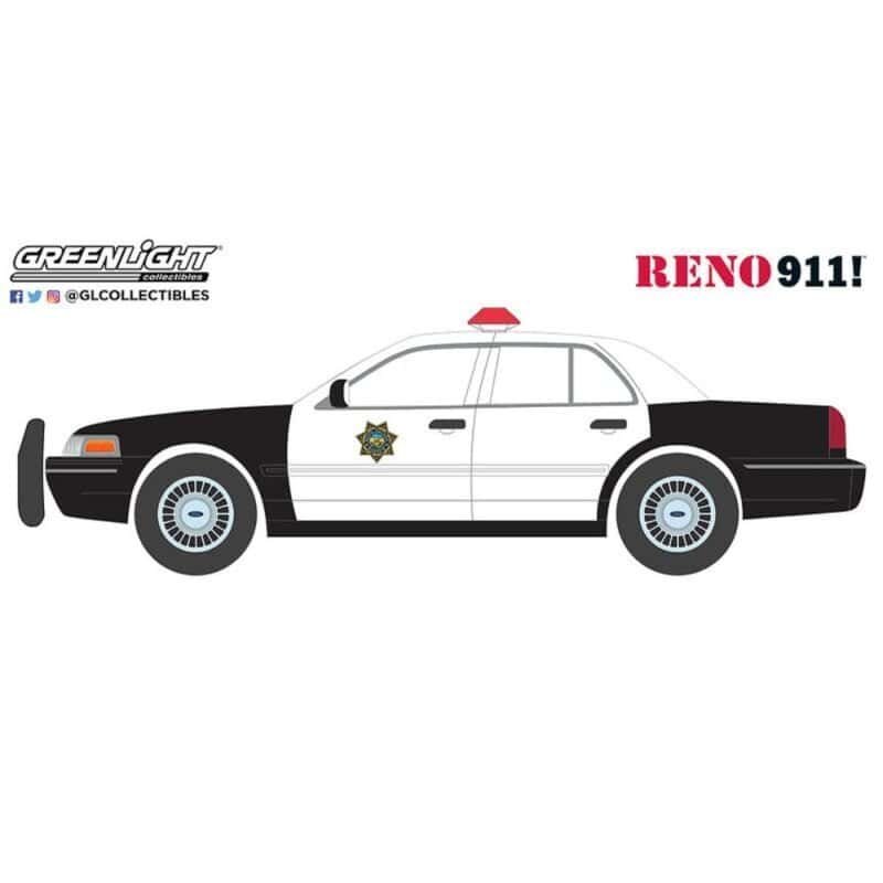 Ilustración coche de policía blanco y negro Ford Crown Victoria Interceptor de la serie Reno 911! Greenlight