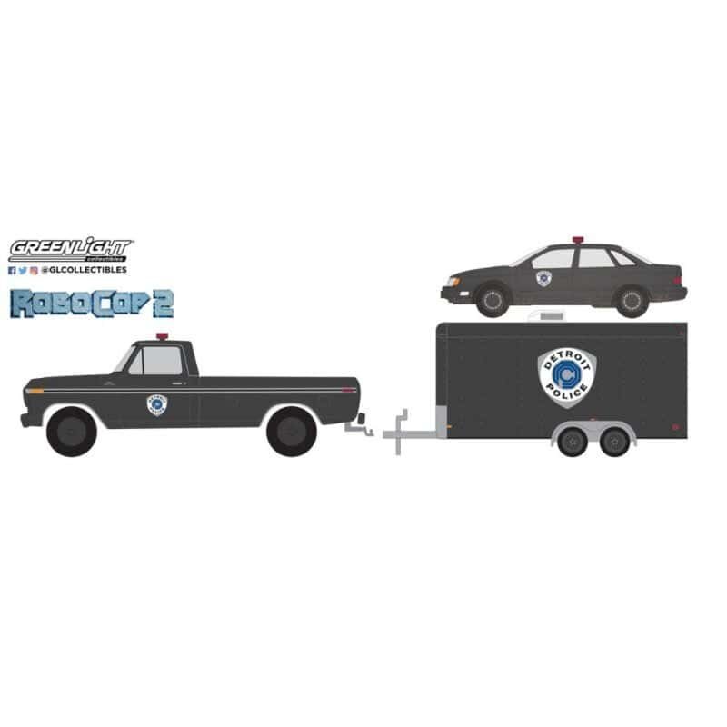 Ilustración camioneta Ford F-150 1979 negra con remolque y coche Policía de Detroit Ford Taurus 1986 negro de la película RoboCop 2 Greenlight