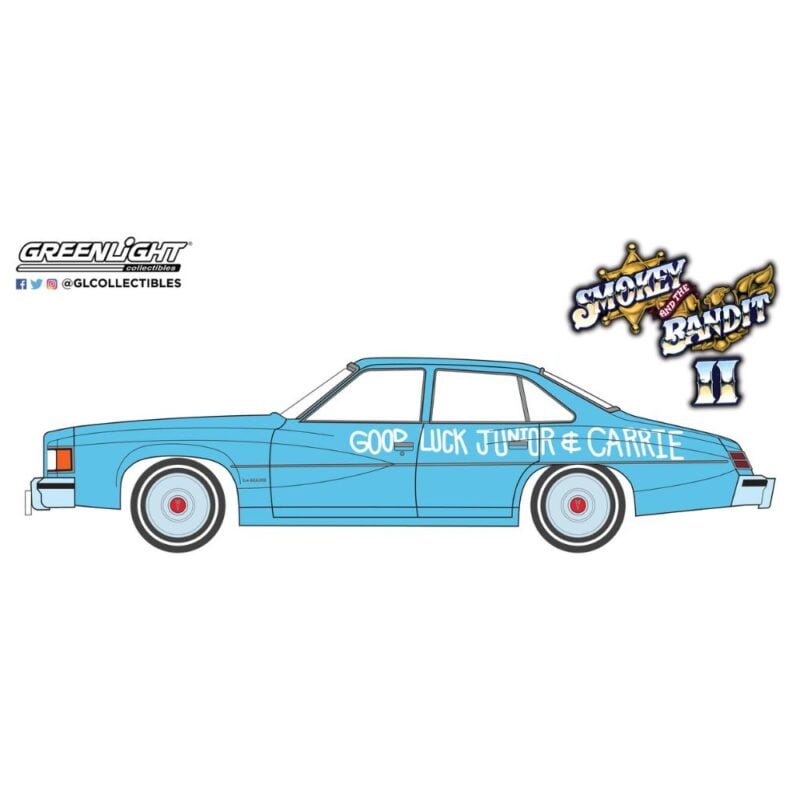 Ilustración coche Pontiac LeMans 1977 azul con pintada Good luck Junior & Carrie de la película Smokey and the Bandit 2 Greenlight