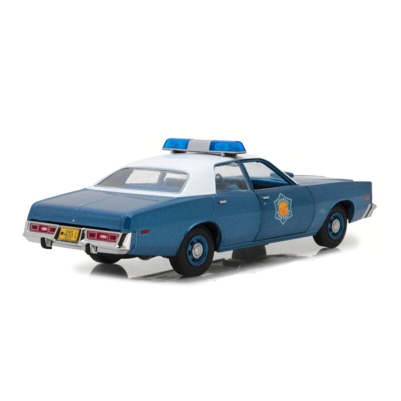 Miniatura coche Plymouth Fury 1975 Policía de Arkansas azul y blanco de la película Smokey and the Bandit a escala 1/18 Greenlight