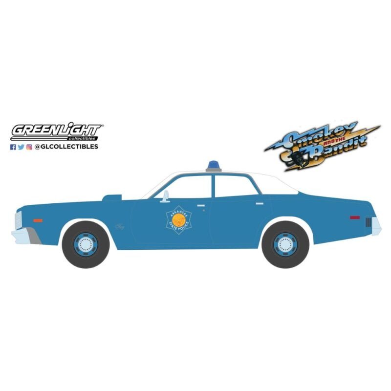 Ilustración coche Plymouth Fury 1975 Policía de Arkansas azul y blanco de la película Smokey and the Bandit Greenlight