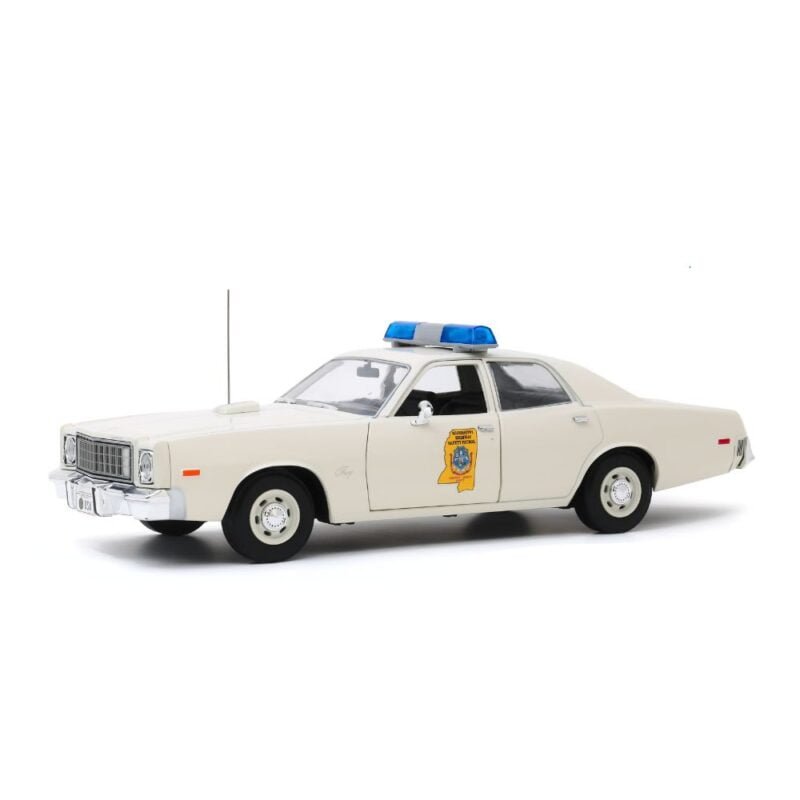 Miniatura coche Plymouth Fury 1977 Policía de Mississippi blanco de la película Smokey and the Bandit a escala 1/18 Greenlight