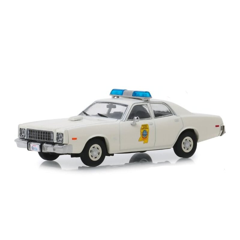 Miniatura coche Plymouth Fury 1977 Policía de Mississippi blanco de la película Smokey and the Bandit a escala 1/43 Greenlight