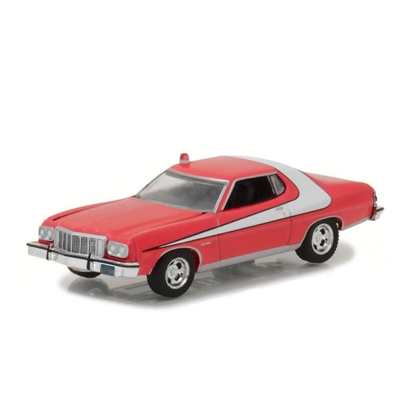 Miniatura coche Ford Gran Torino 1976 rojo con raya blanca sucio de la serie Starsky & Hutch a escala 1/64 Greenlight