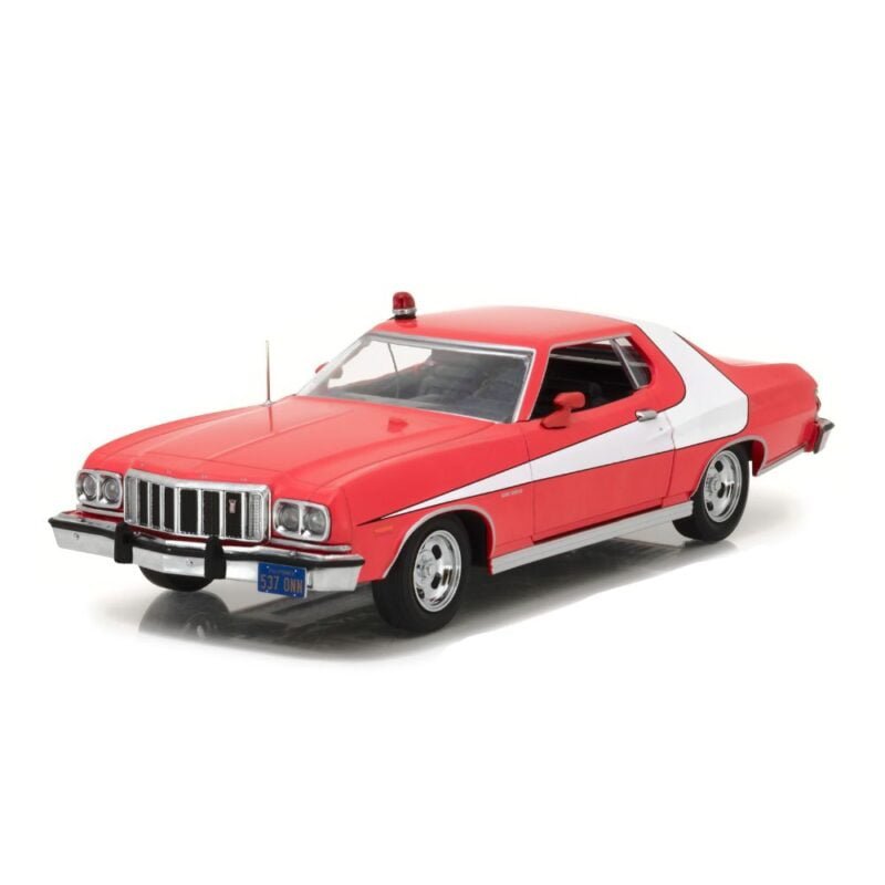 Miniatura coche Ford Gran Torino 1976 rojo con raya blanca de la serie Starsky & Hutch a escala 1/24 Greenlight