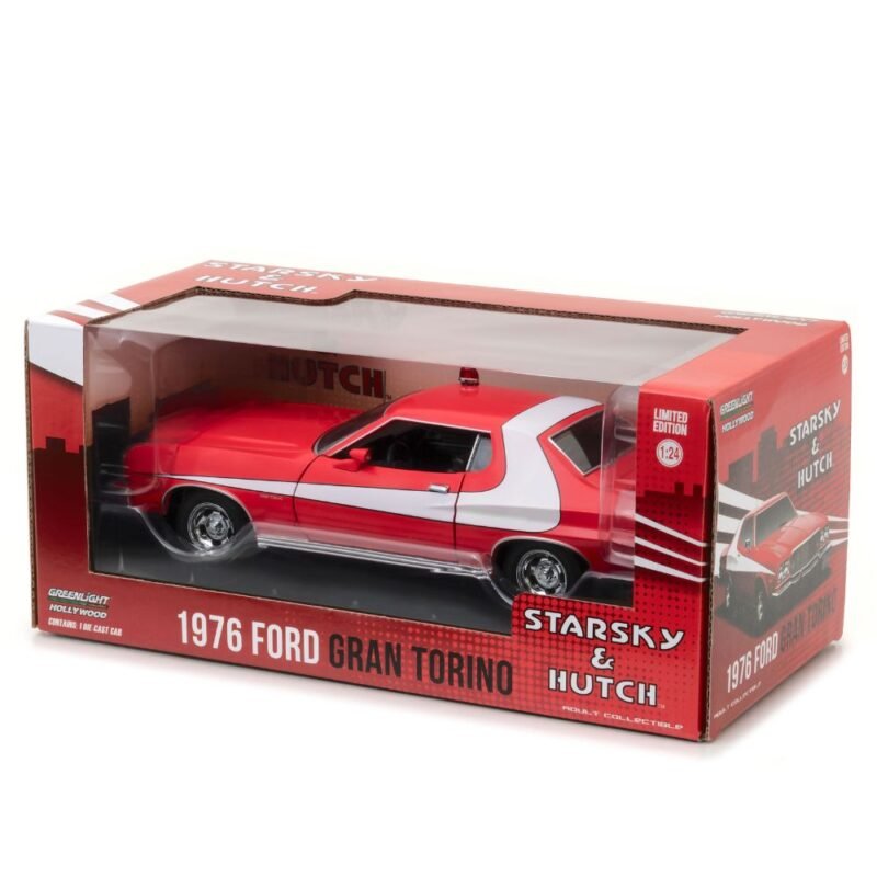 Miniatura coche Ford Gran Torino 1976 rojo con raya blanca de la serie Starsky & Hutch a escala 1/24 Greenlight con caja de cartón expositora