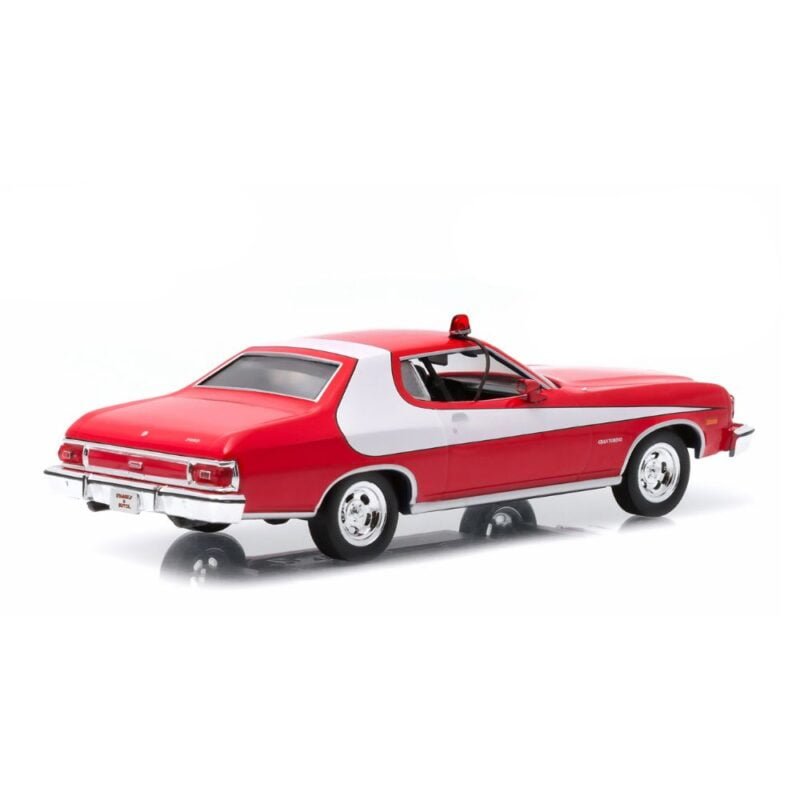 Miniatura coche Ford Gran Torino 1976 rojo con raya blanca de la serie Starsky & Hutch a escala 1/43 Greenlight