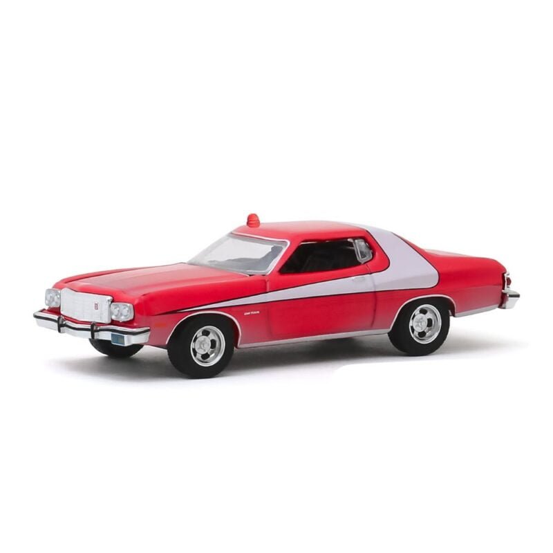 Miniatura coche Ford Gran Torino 1976 rojo con raya blanca sucio de la serie Starsky & Hutch a escala 1/64 Greenlight