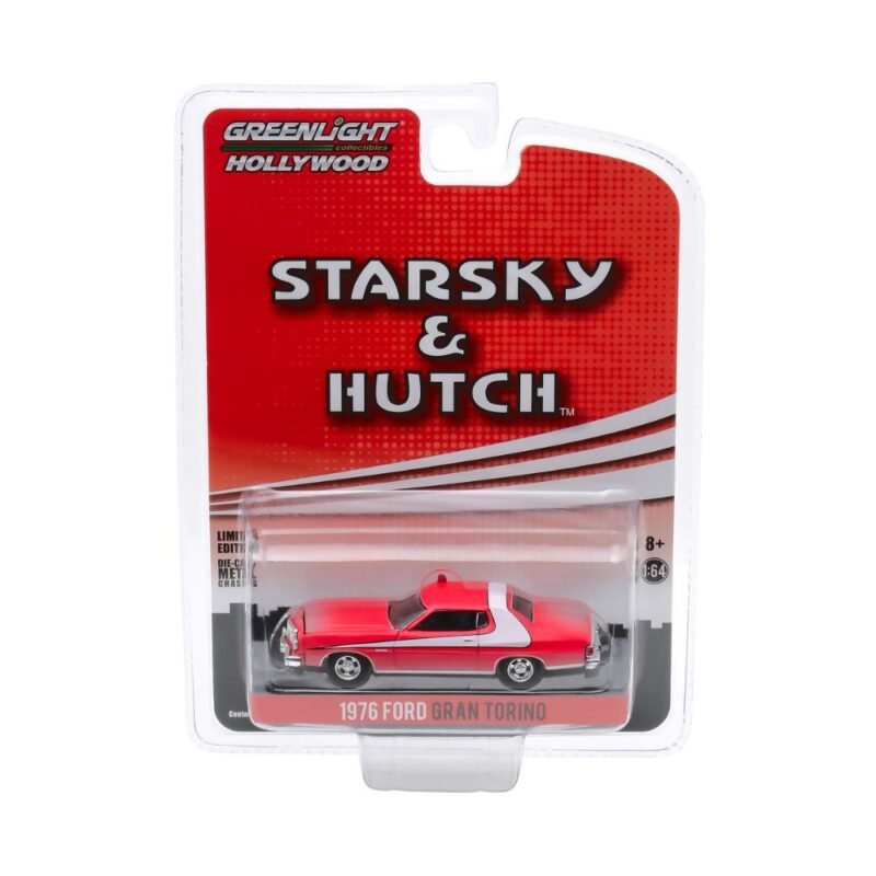 Miniatura coche Ford Gran Torino 1976 rojo con raya blanca sucio de la serie Starsky & Hutch a escala 1/64 Greenlight